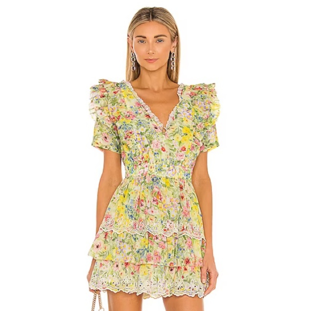 LoveShackFancy Yellow Floral Ruffle Mini Dress